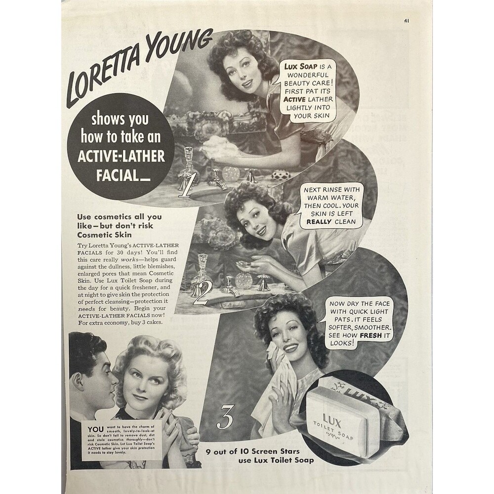 LUX Toilet Soap "Loretta Young : Don't Risk Cosmetic Skin!" Vtg Print Ad 1940